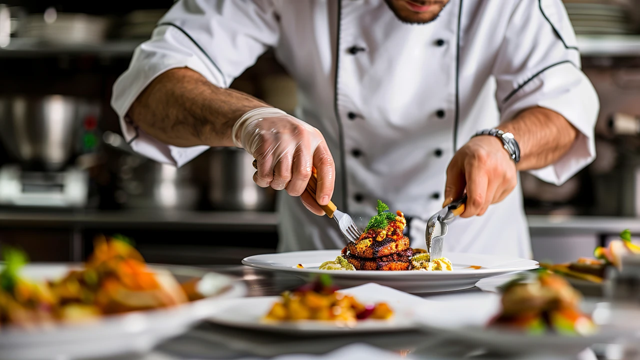 A chef preparing exquisite hors d'oeuvres in a professional kitchen, highlighting the culinary expertise behind the catering service.